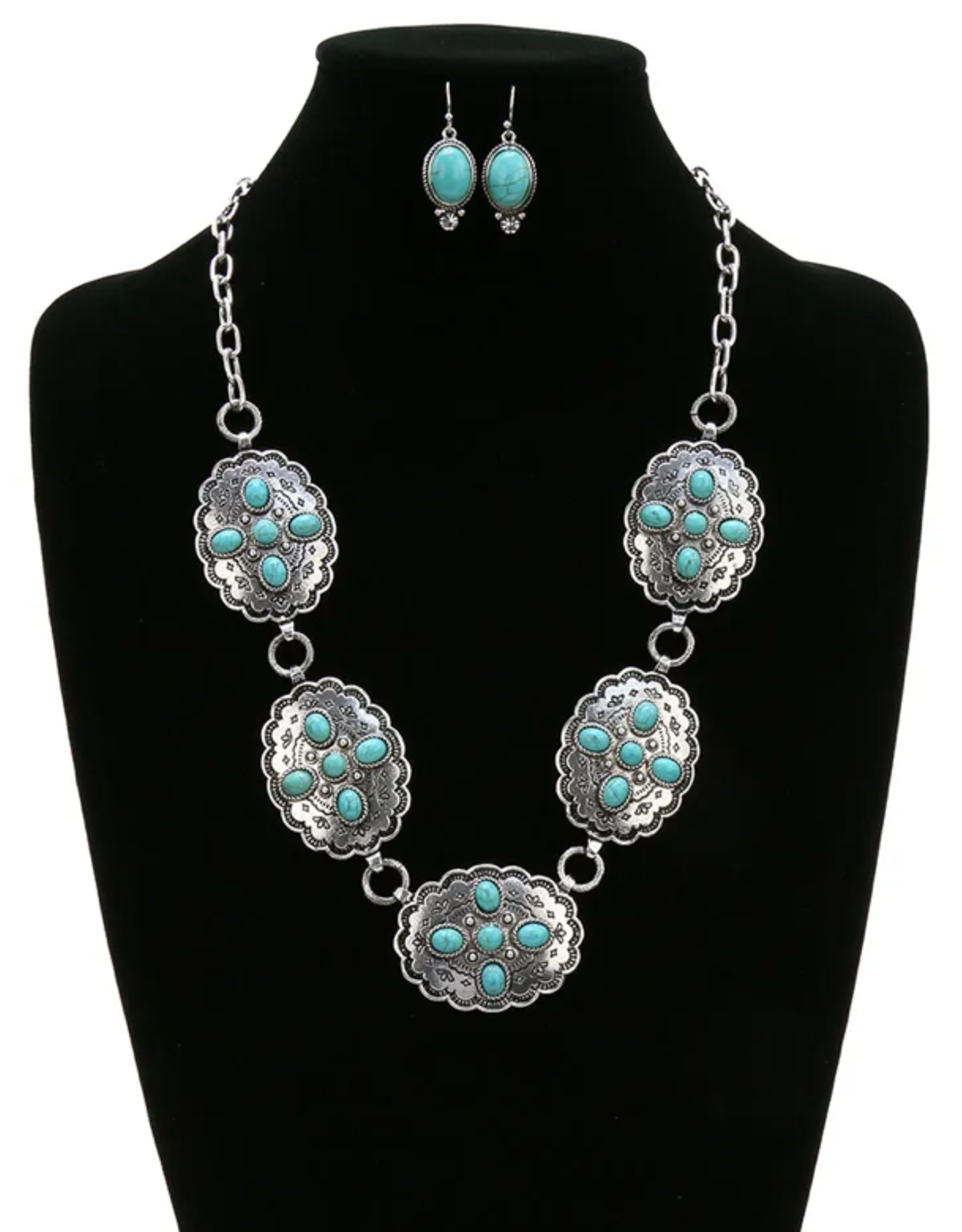 NECKLACE SET WESTERN CONCHO W/TURQ OVAL DOTS W/EARRINGS