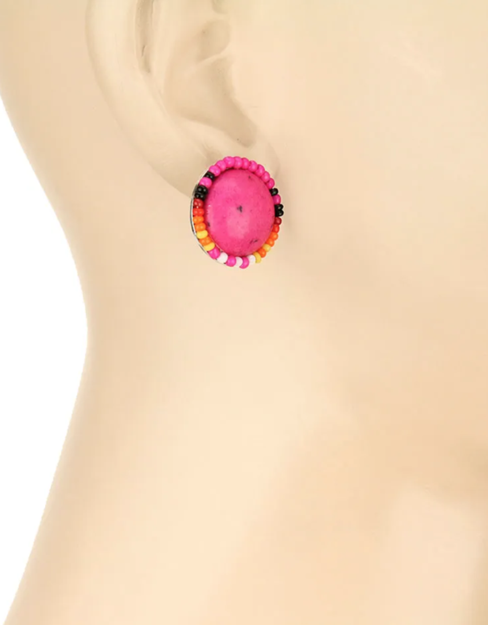 EARRING PINK ROUND STONE W/SEED BEADS STUD
