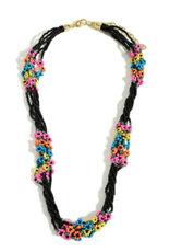 NECKLACE 18" LAYERED SEED BEAD BLK W/MULTI FLOWERS