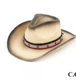 HAT LIGHT BLACK STAINED STRAW COWBOY W/STAR TRIM