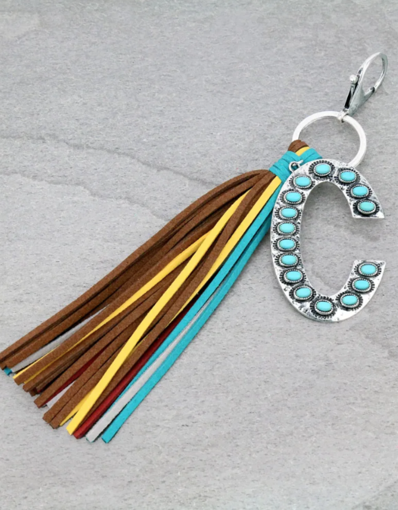 KEYCHAIN TURQ INITIAL PENDANT W/MULTICOLORED TASSEL