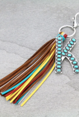 KEYCHAIN TURQ INITIAL PENDANT W/MULTICOLORED TASSEL