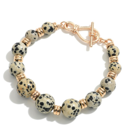 BRACELET STONE BEADED STRETCH W/GOLD ACCENTS