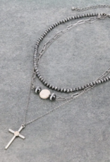 NECKLACE MULTI LAYERED W/CROSS PENDANT SIL/WHT