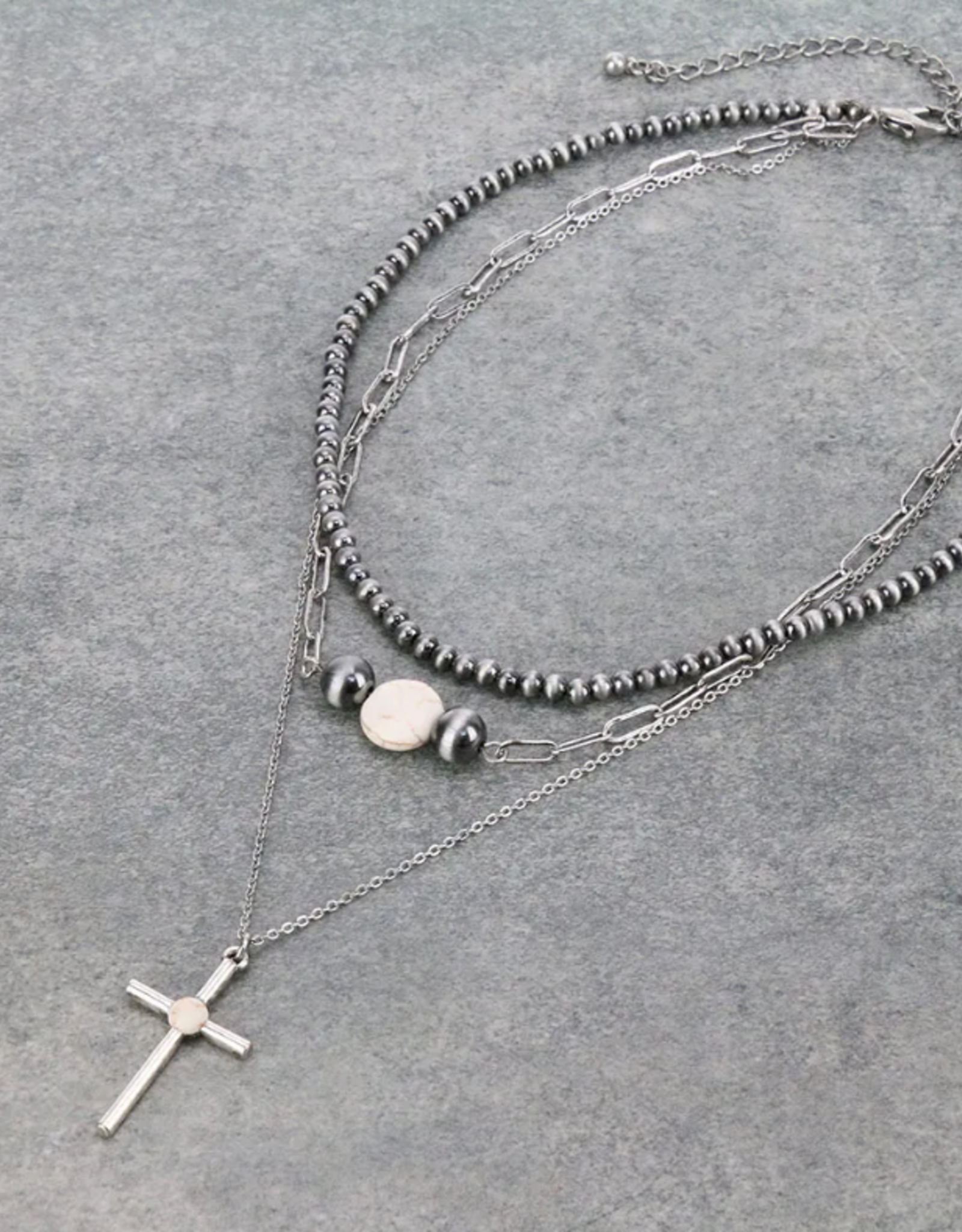 NECKLACE MULTI LAYERED W/CROSS PENDANT SIL/WHT