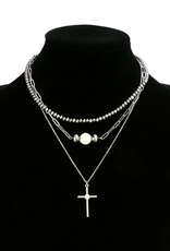 NECKLACE MULTI LAYERED W/CROSS PENDANT SIL/WHT