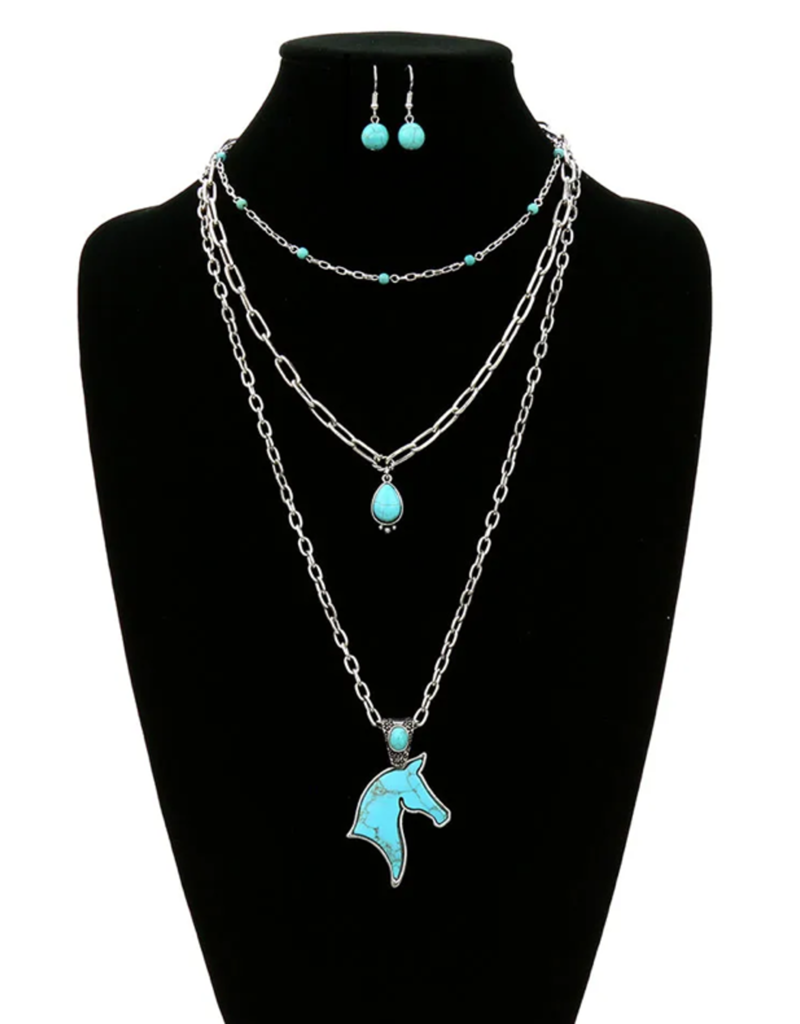 NECKLACE SET WESTERN HORSE STONE LAYERED W/EARRINGS