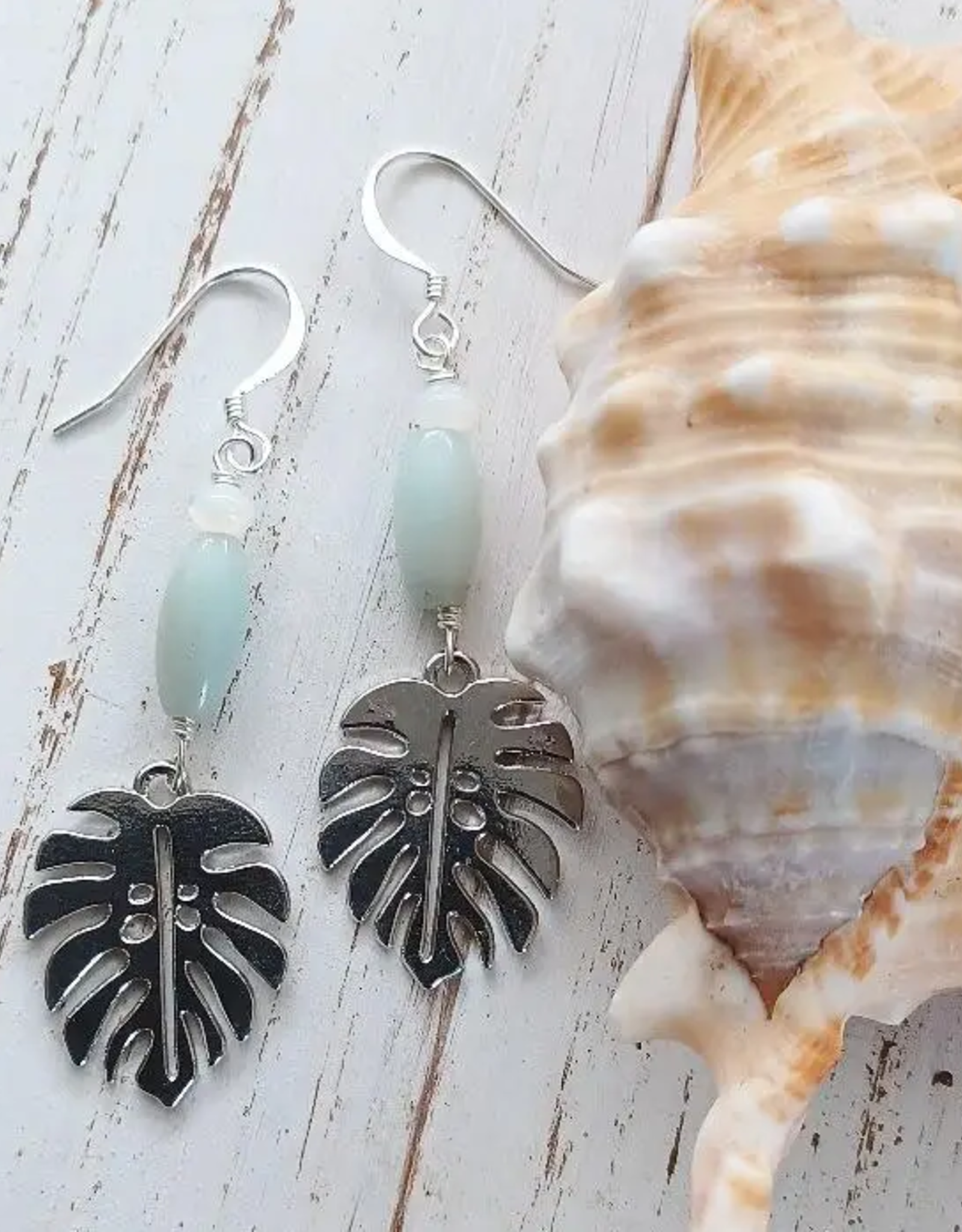 EARRING MONSTERA SILVER LEAF W/AMAZONITE - SILVER PLATED