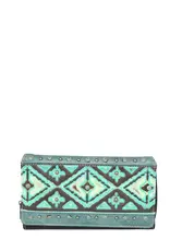 WALLET AZTEC TOOLED LEATHER TURQ W/ CONCHOS