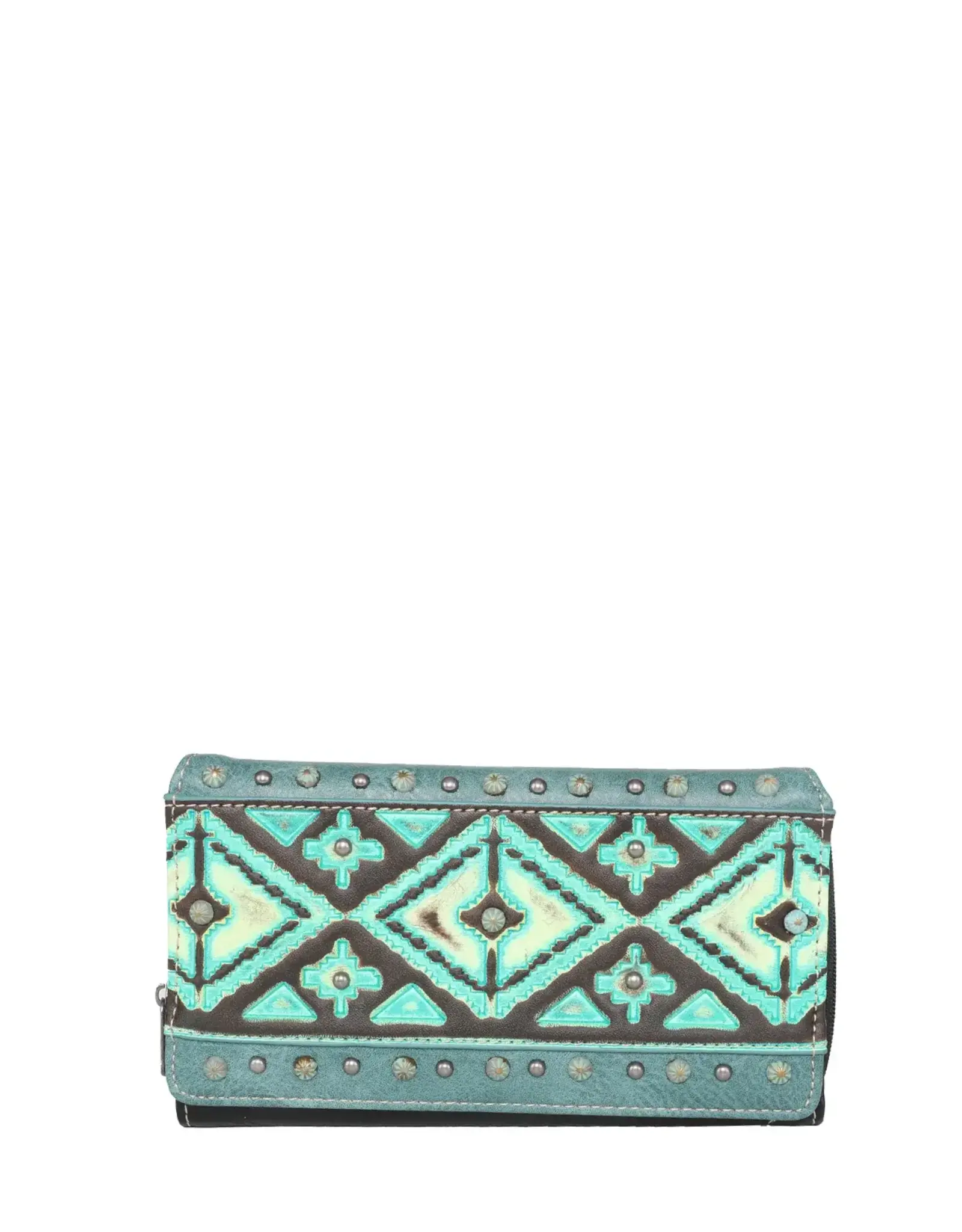WALLET AZTEC TOOLED LEATHER TURQ W/ CONCHOS