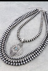 NECKLACE WESTERN NAVAJO STYLE PEARL LG CONCHO PENDANT 4 STRAND