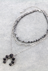 NECKLACE 3 ROW AGATE STONE SQUASH BLOSSOM BLACK