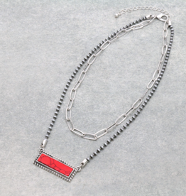 NECKLACE 2 ROW NAVAJO PEARL W/STONE BAR RED