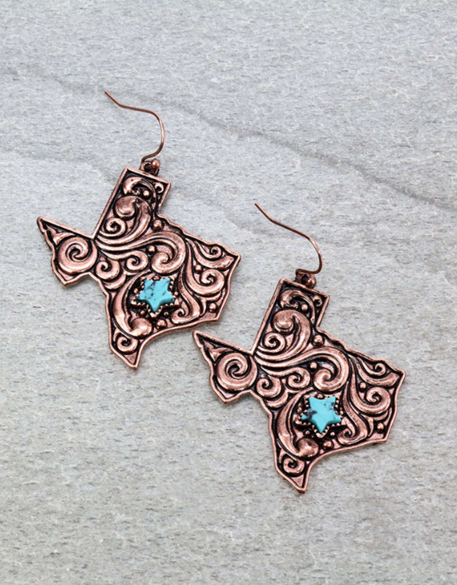 EARRING FLORAL CASTING TEXAS MAP W/STONE DANGLE COPPER
