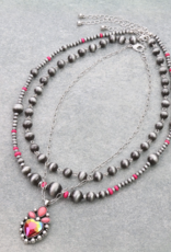 NECKLACE 3 ROW NAVAJO PEARL & GLASS HEART PENDANT PINK
