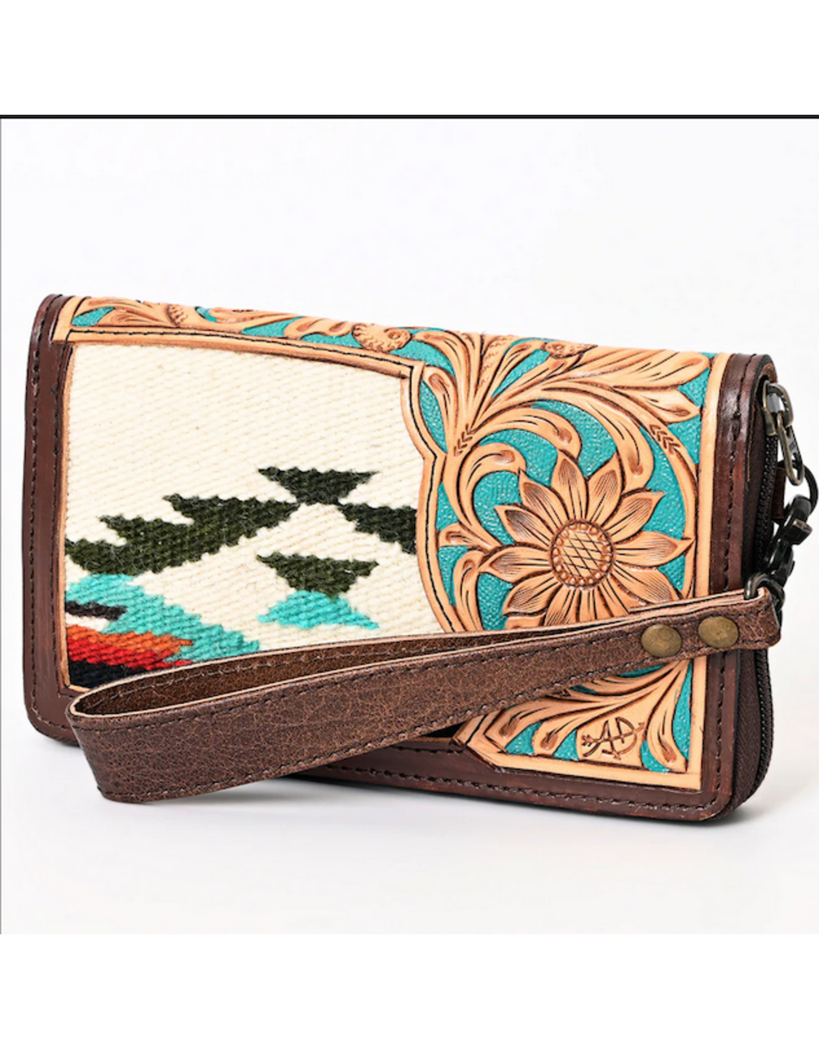 PURSE AD CLUTCH TOOLED LEATTHER TURQ W/ MULTI BLKNT