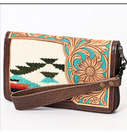 PURSE AD CLUTCH TOOLED LEATHER TURQ W/ MULTI BLKNT