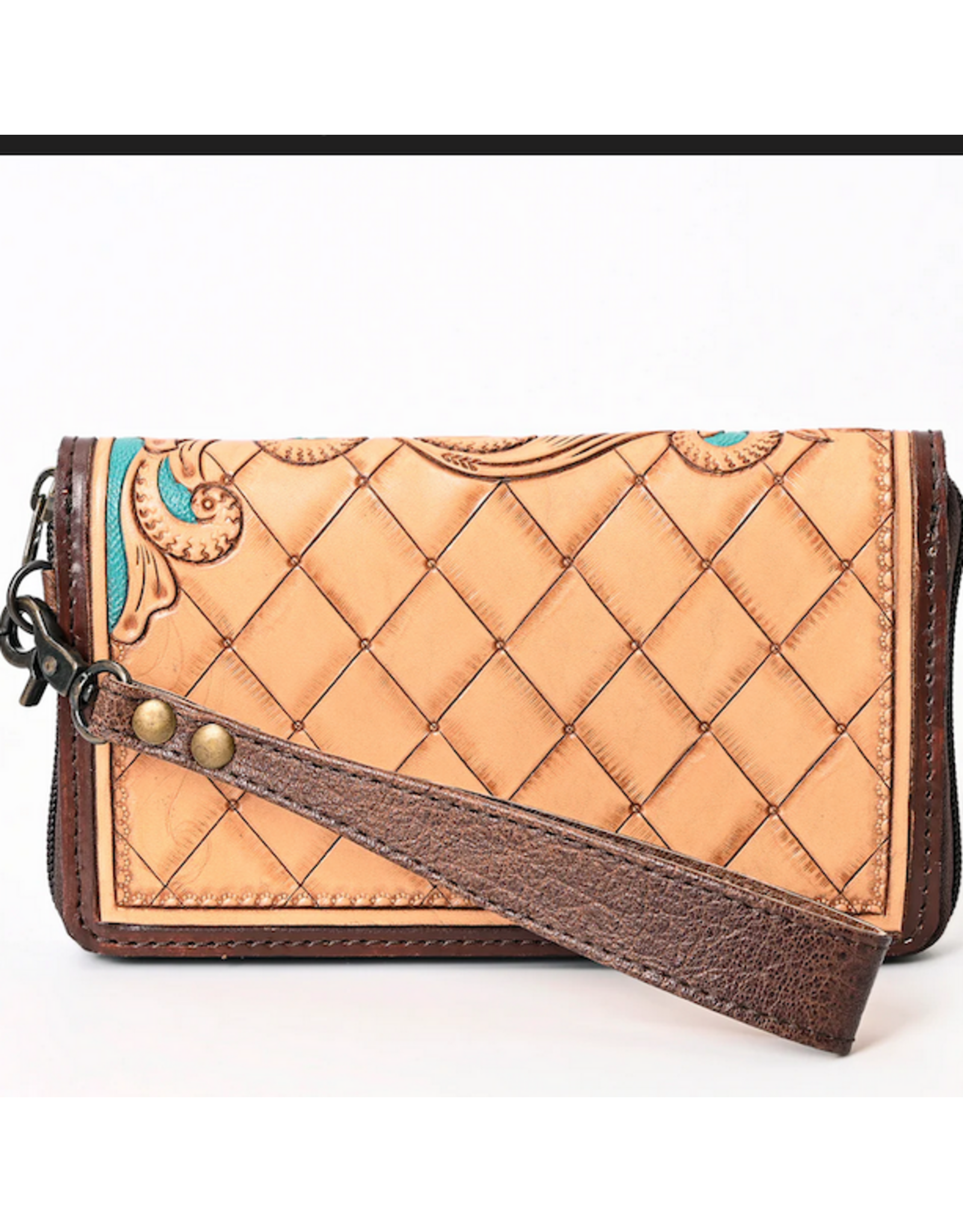 PURSE AD CLUTCH TOOLED LEATTHER TURQ W/ MULTI BLKNT