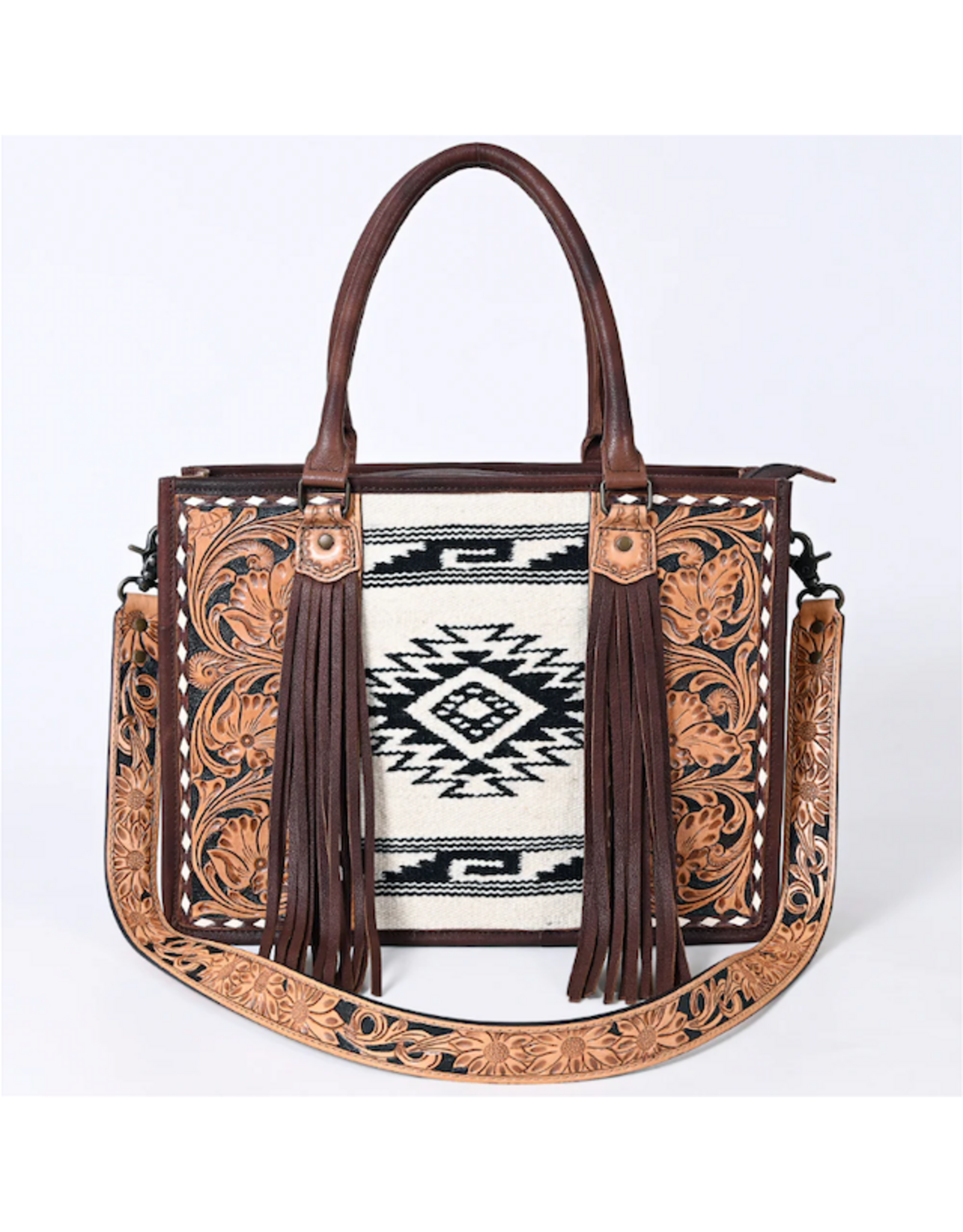 PURSE AD LARGE CROSSBODY TOTE CC TOOLED LEATHER W/ AZTEC BLNKT