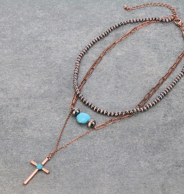 NECKLACE COPPER MULTILAYERED W/CROSS PENDANT