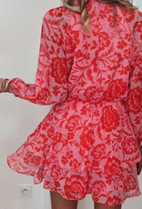 DRESS MINI WMS L/S FLORAL RUFFLE PINK/RED