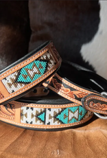 EQUIPAGE DOG COLLAR TOOLED LEATHER W/ TURQ BEADS