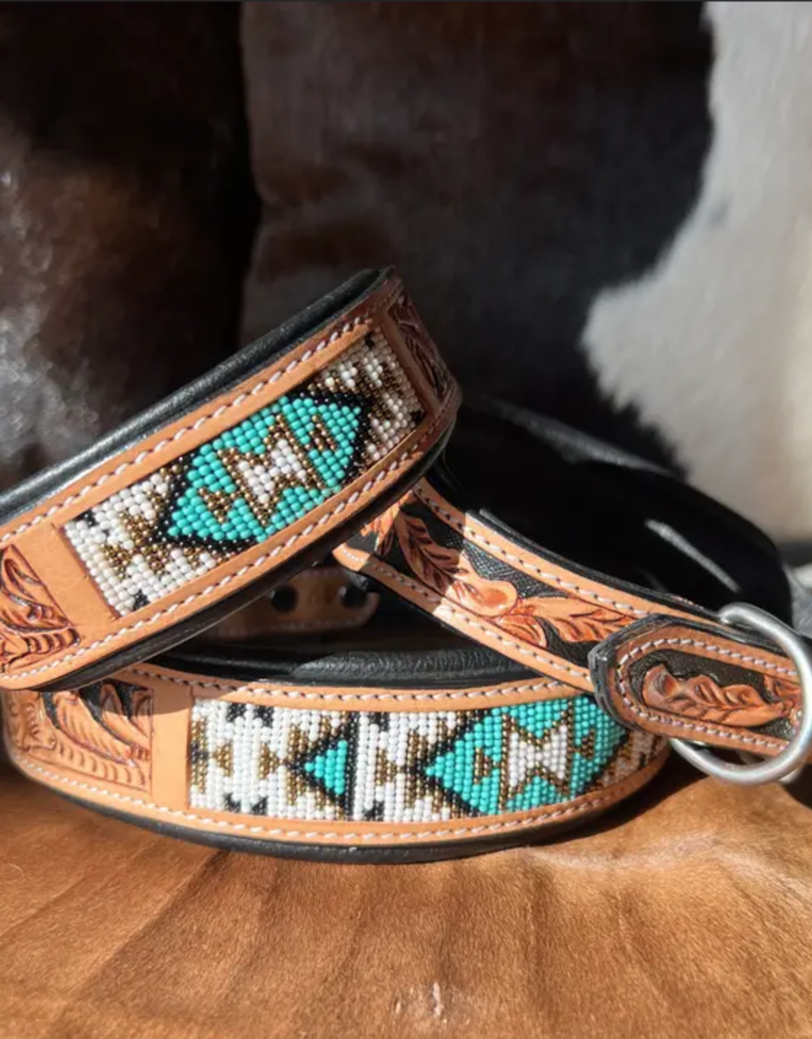 EQUIPAGE DOG COLLAR TOOLED LEATHER W/ TURQ BEADS