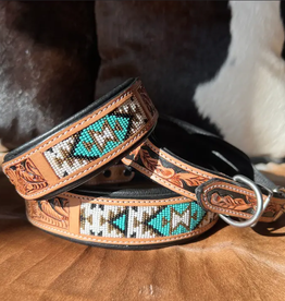 EQUIPAGE DOG COLLAR TOOLED LEATHER W/ TURQ BEADS