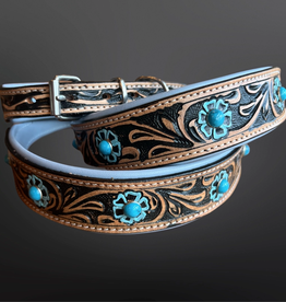 EQUIPAGE DOG COLLAR TOOLED LEATHER W/ TURQ CONCHOS