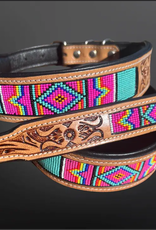 EQUIPAGE DOG COLLAR TOOLED LEATHER W/ PINK BEADS