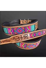 EQUIPAGE DOG COLLAR TOOLED LEATHER W/ PINK BEADS