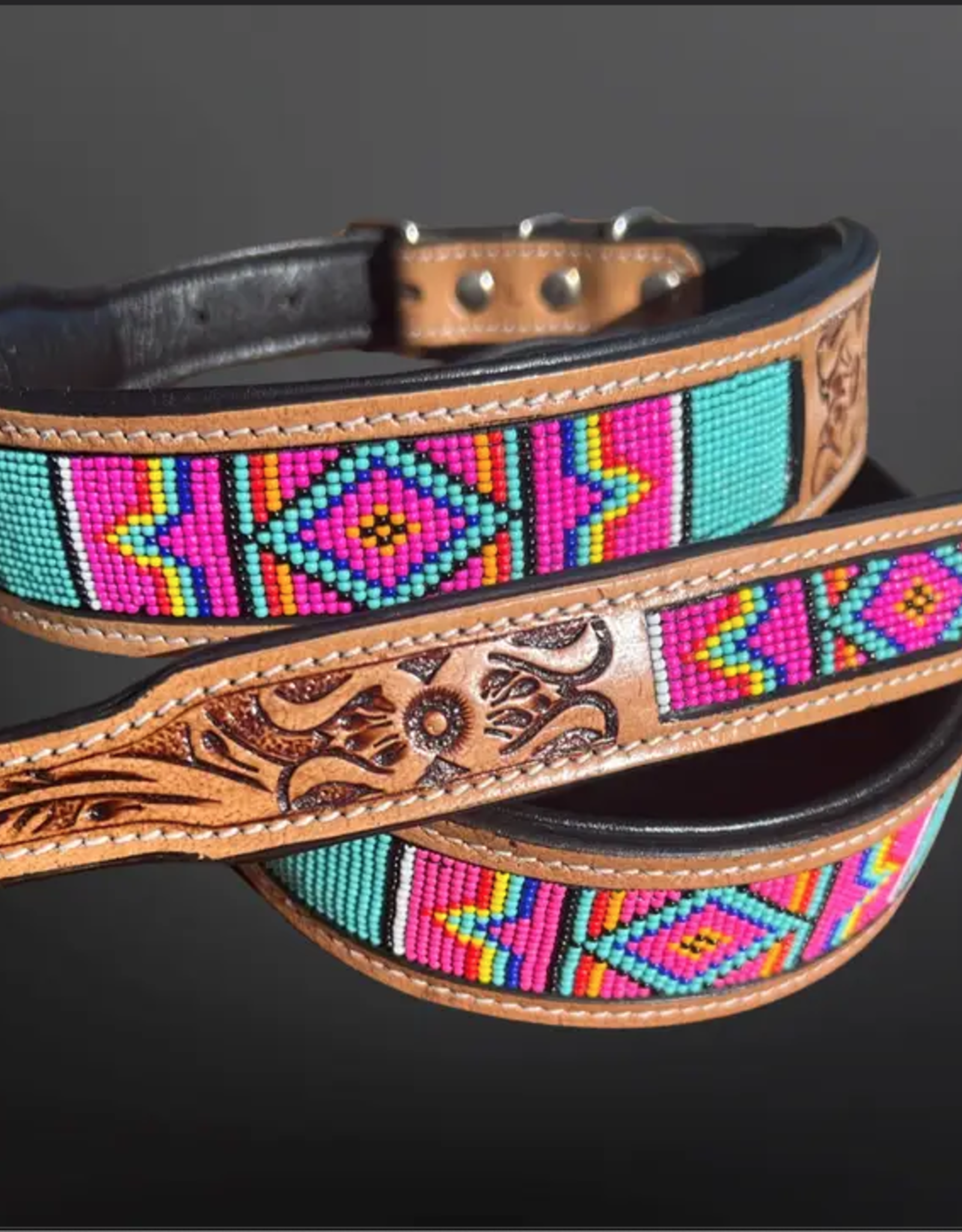 EQUIPAGE DOG COLLAR TOOLED LEATHER W/ PINK BEADS