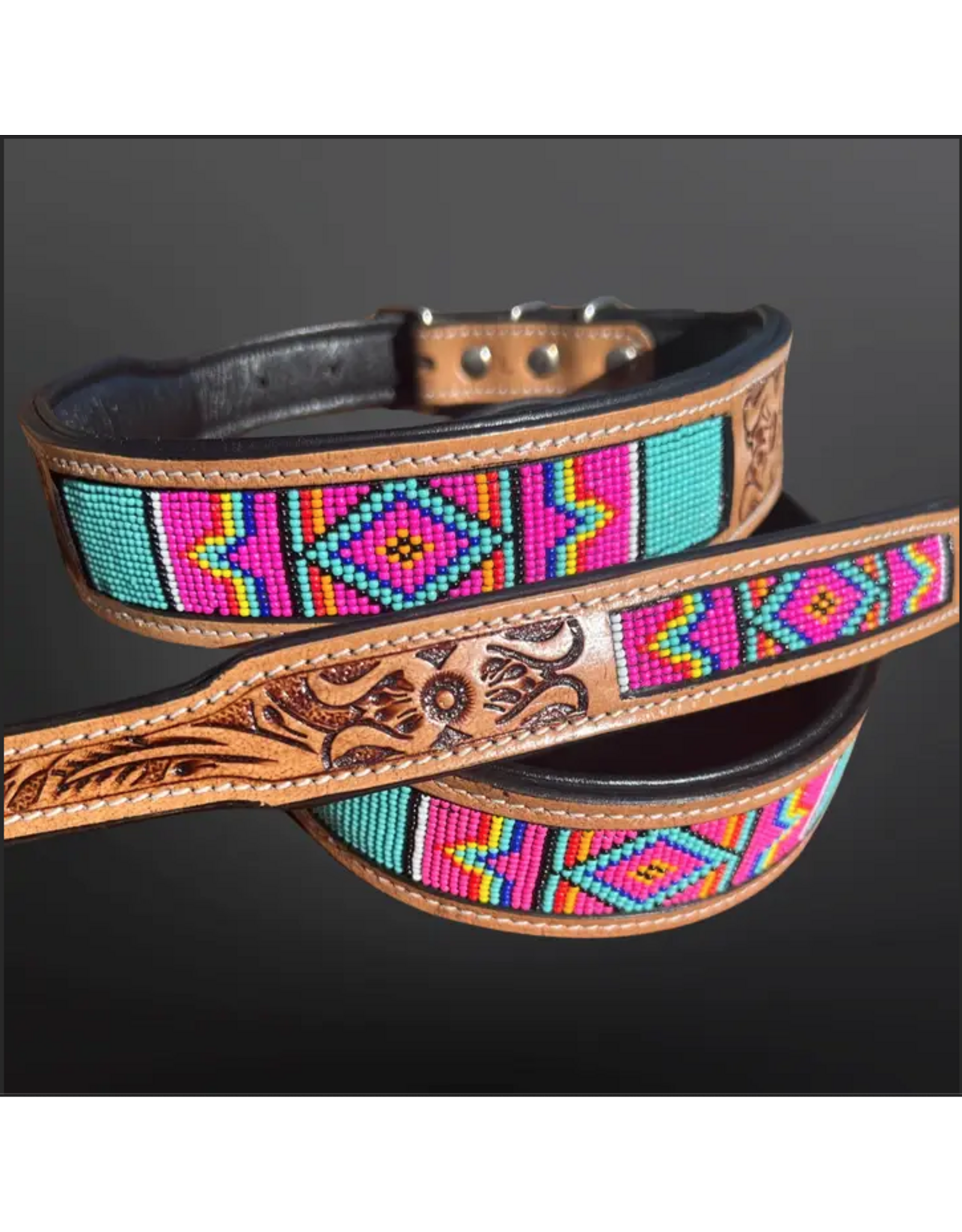 EQUIPAGE DOG COLLAR TOOLED LEATHER W/ PINK BEADS