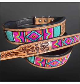 EQUIPAGE DOG COLLAR TOOLED LEATHER W/ PINK BEADS