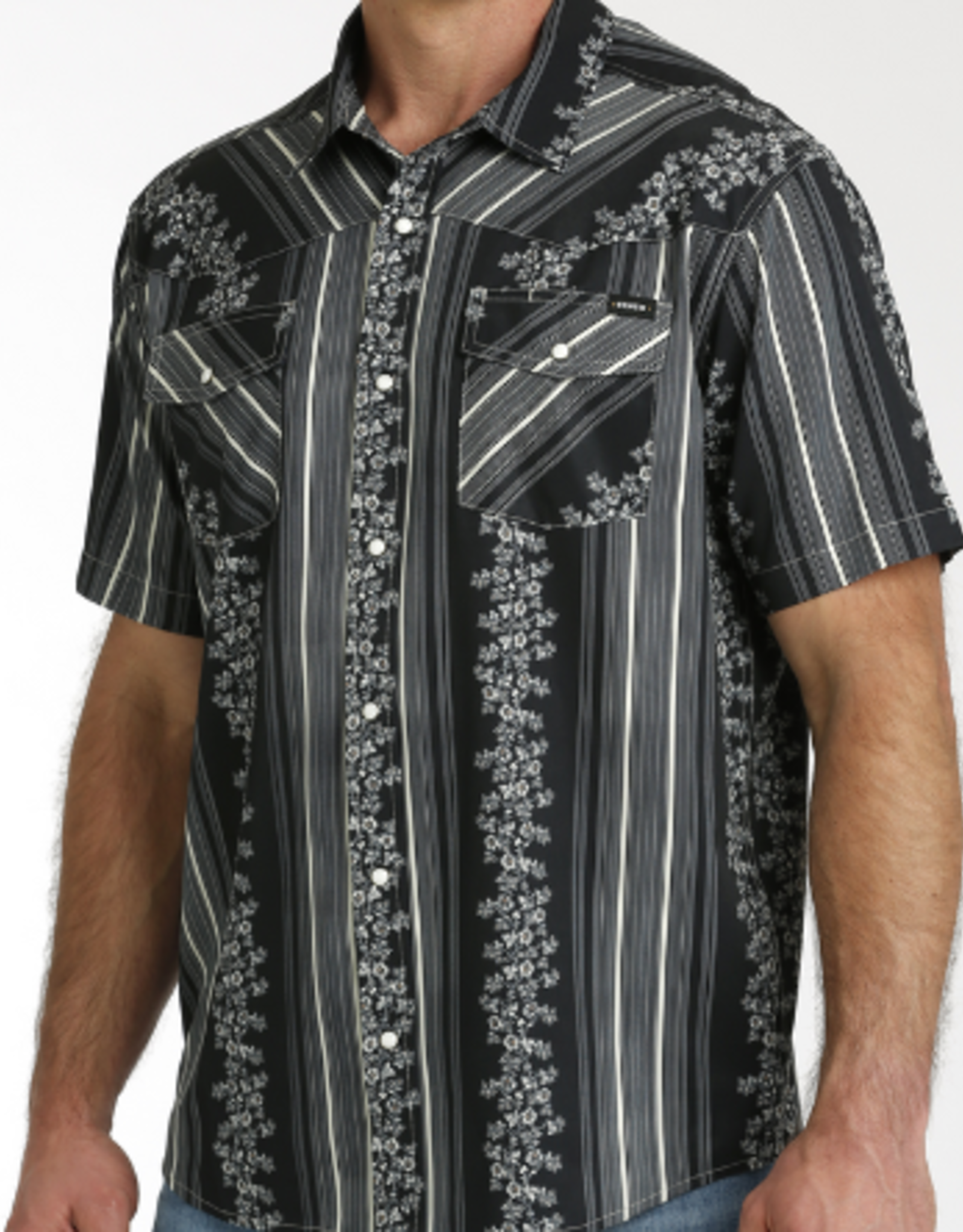 CINCH SHIRT MNS CINCH SS CAMP SHIRT BLK STRIPE W/FLOWERS