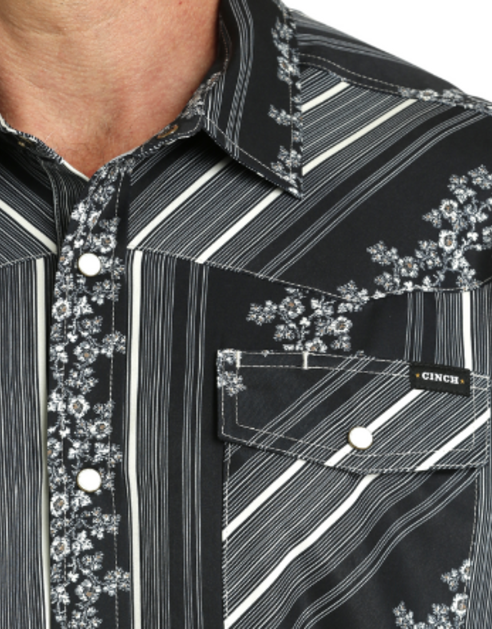 CINCH SHIRT MNS CINCH SS CAMP SHIRT BLK STRIPE W/FLOWERS