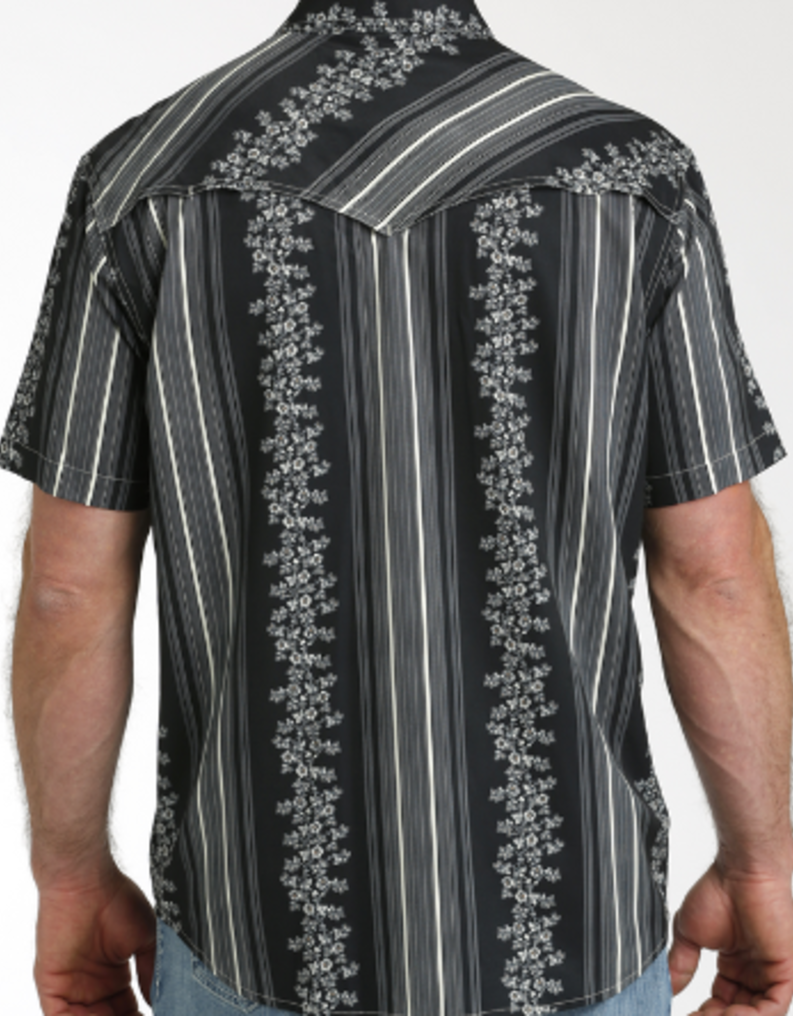 CINCH SHIRT MNS CINCH SS CAMP SHIRT BLK STRIPE W/FLOWERS