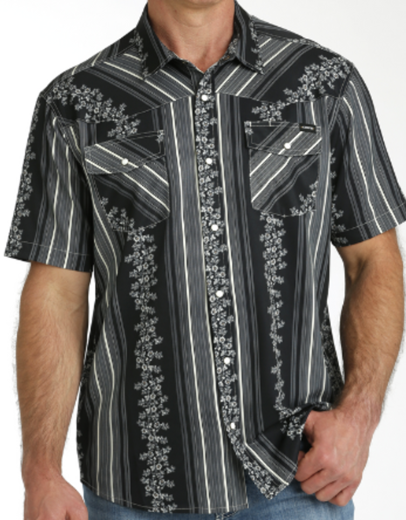 CINCH SHIRT MNS CINCH SS CAMP SHIRT BLK STRIPE W/FLOWERS