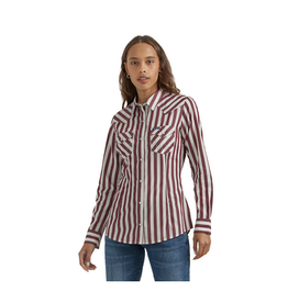 SHIRT WMS WRANGLER LS DRESS SNAP STRIPE WINE