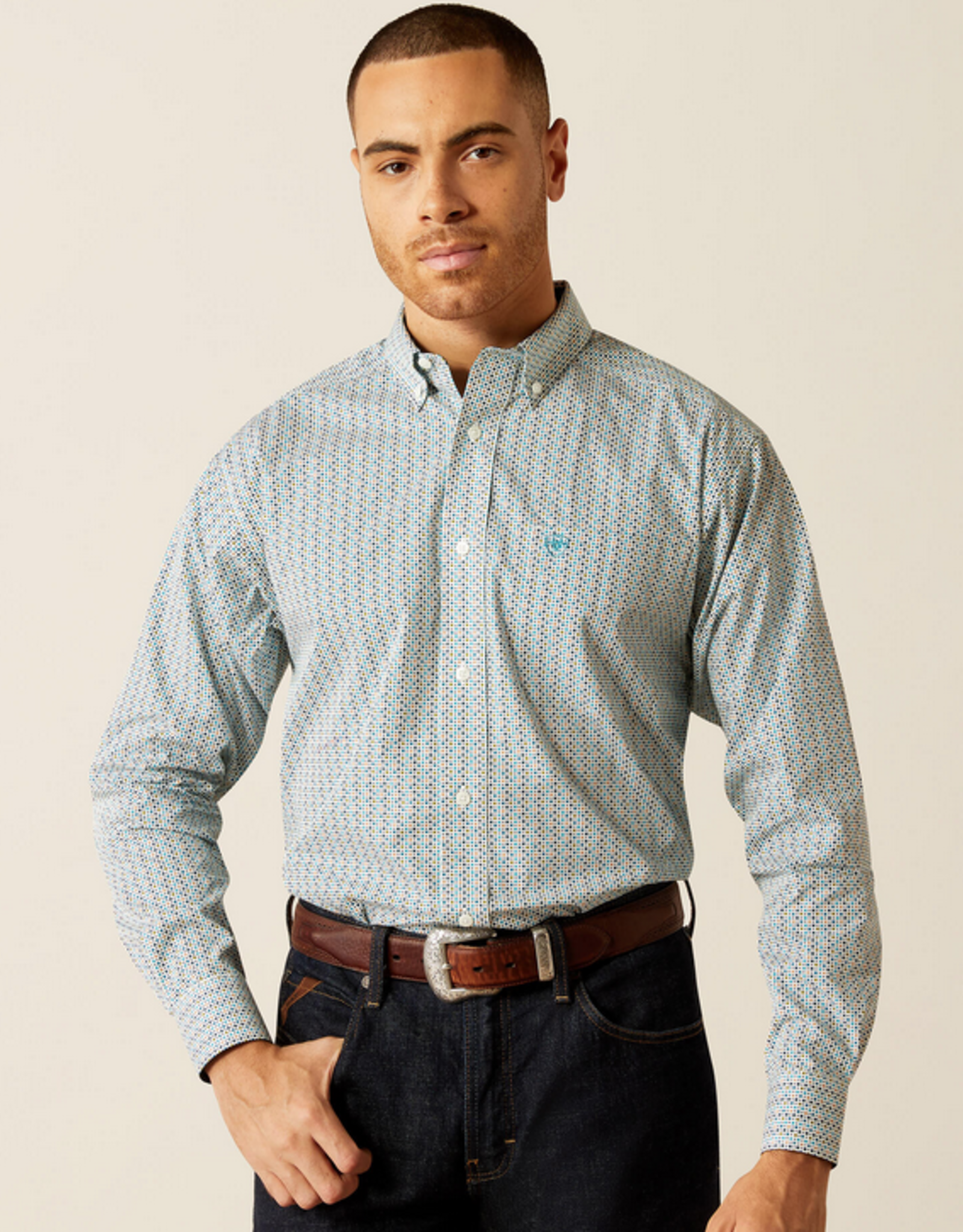 ARIAT SHIRT MNS ARIAT LS BUTTON WHITE W/ PASTEL PRINT