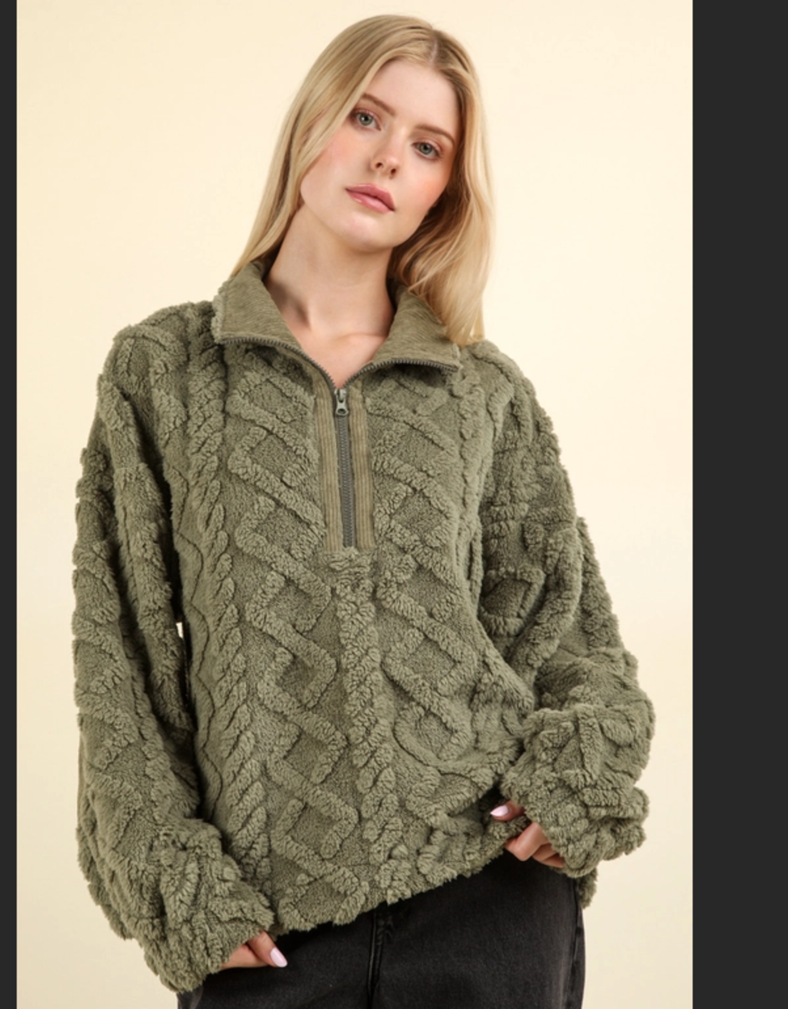 JACKET WMS GREEN FLEECE CABLE PATTERN