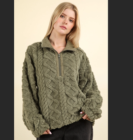 JACKET WMS GREEN FLEECE CABLE PATTERN