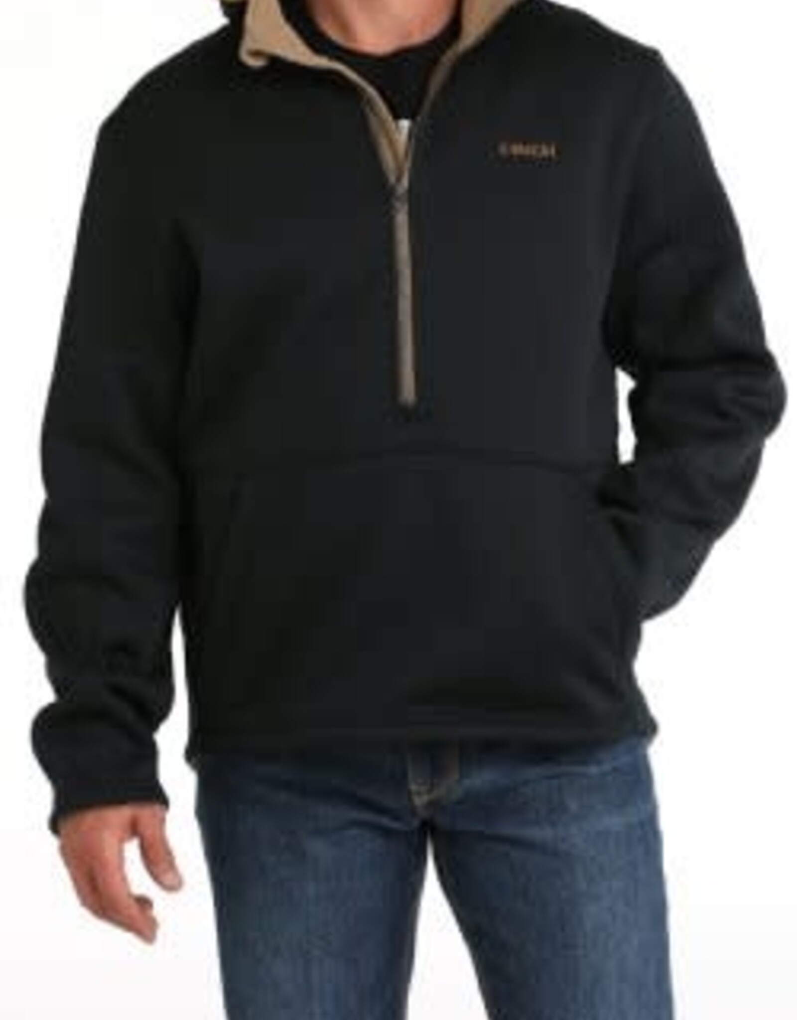 CINCH HOODIE MNS SHERPA LINED 1/2 ZIP BLK/BRN FRONT POCKET