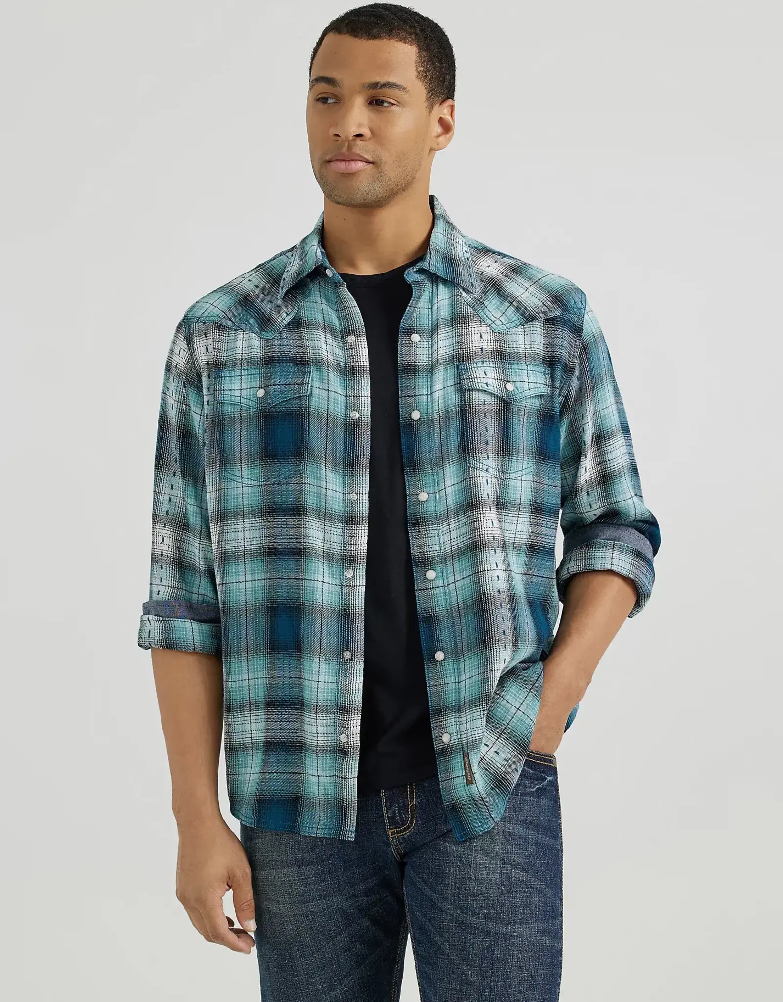 SHIRT MNS SNAP PLAID RETRO BLUE