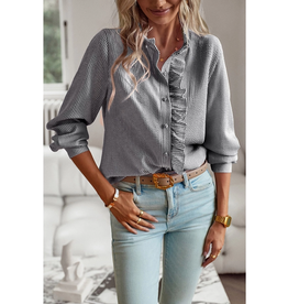 SHIRT WMS FRENCHY STRIPED RUFFLE TRIM BUTTON UP