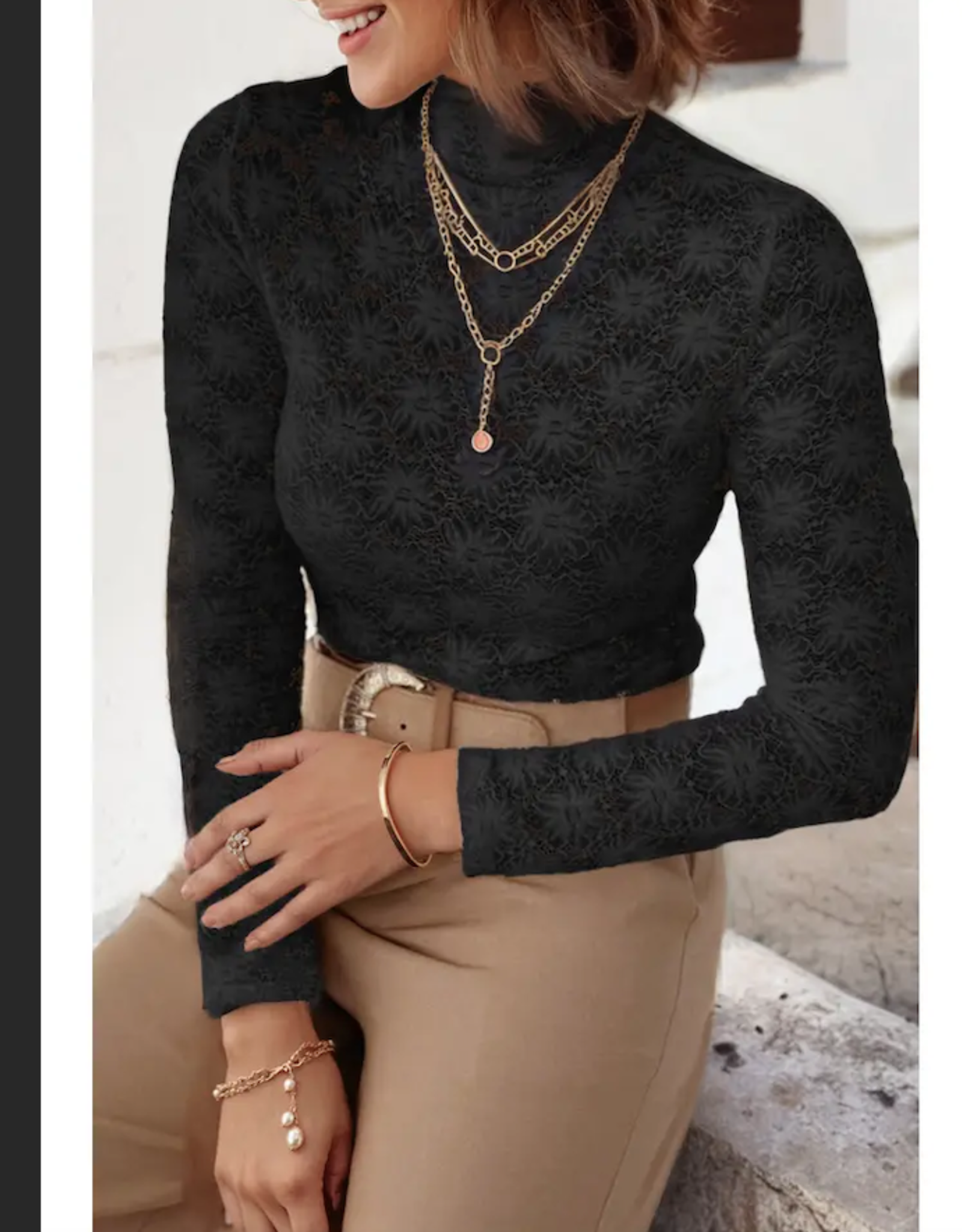 SHIRT WMS HIGH NECK FLORAL LACE LS  BLK