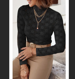 SHIRT WMS HIGH NECK FLORAL LACE LS  BLK