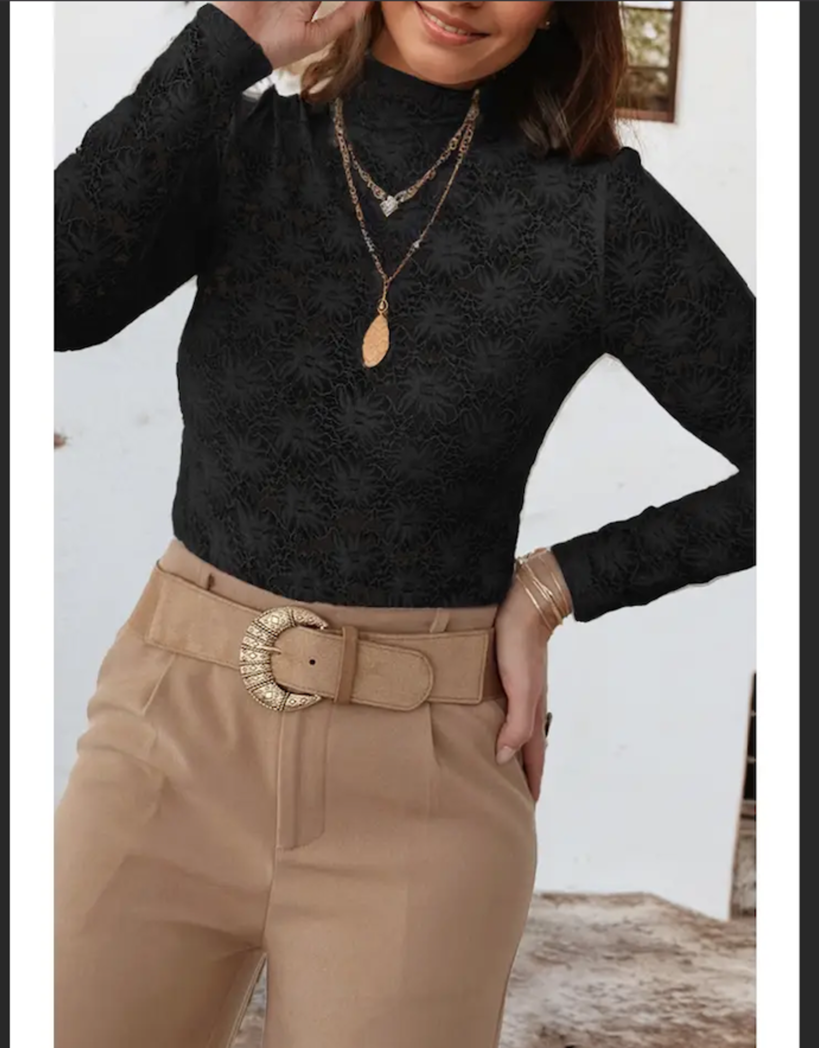 SHIRT WMS HIGH NECK FLORAL LACE LS  BLK