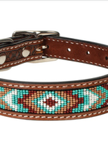 DOG COLLAR LEATHER BEADED AZTEC INLAY