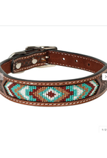 DOG COLLAR LEATHER BEADED AZTEC INLAY
